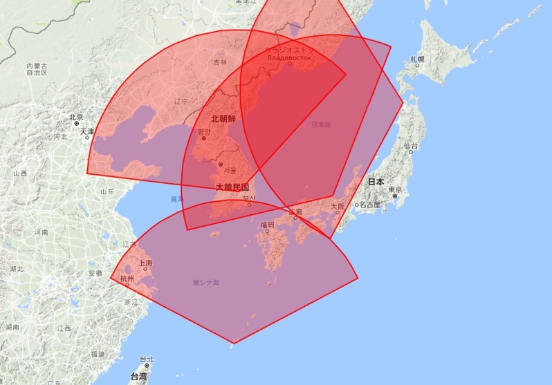 Xバンドレーダー（探知距離1000km、沖縄に追加配備の場合