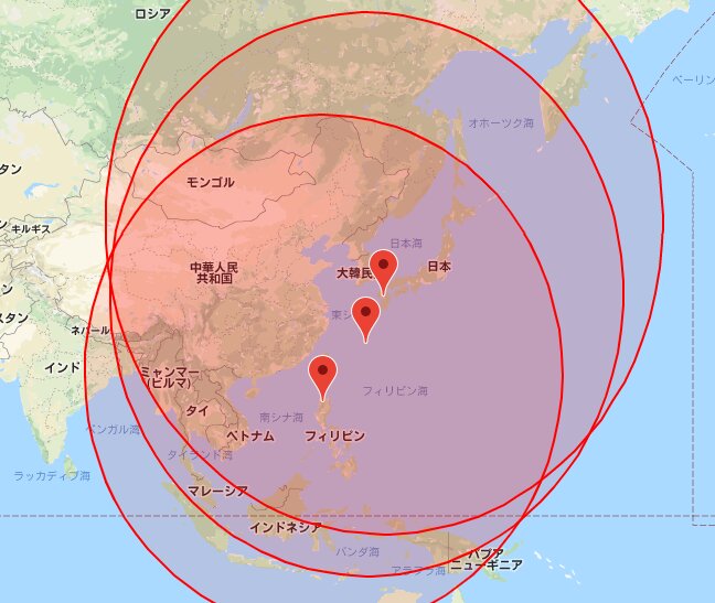 Google地図を元に九州、沖縄本島、ルソン島の3点を中心に半径4000kmの円を作図