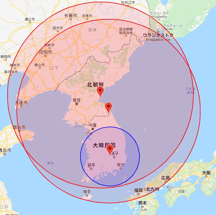 Google地図を元に半径600kmの赤円と半径200kmの青円を作図