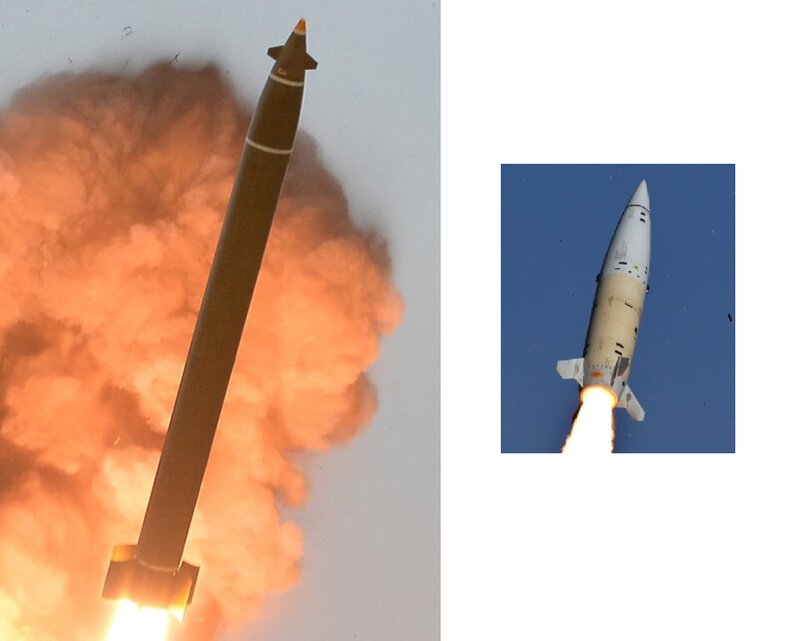 左：北朝鮮KN-25　右：アメリカATACMS。北朝鮮とアメリカの発表写真から直径で揃えた大きさ比較