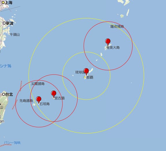 Yahoo地図を元に作図。赤円が陸自、黄円が海兵隊の地対艦ミサイル。トマホークは有効射程460kmの想定