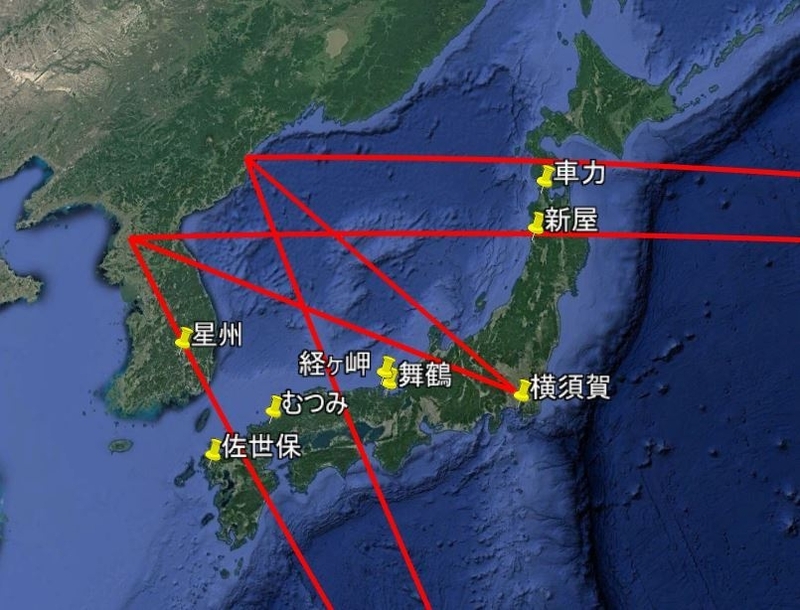 北朝鮮の東部と西部からハワイ、東京、グアムのコースと弾道ミサイル防衛施設。Google地図より筆者作成