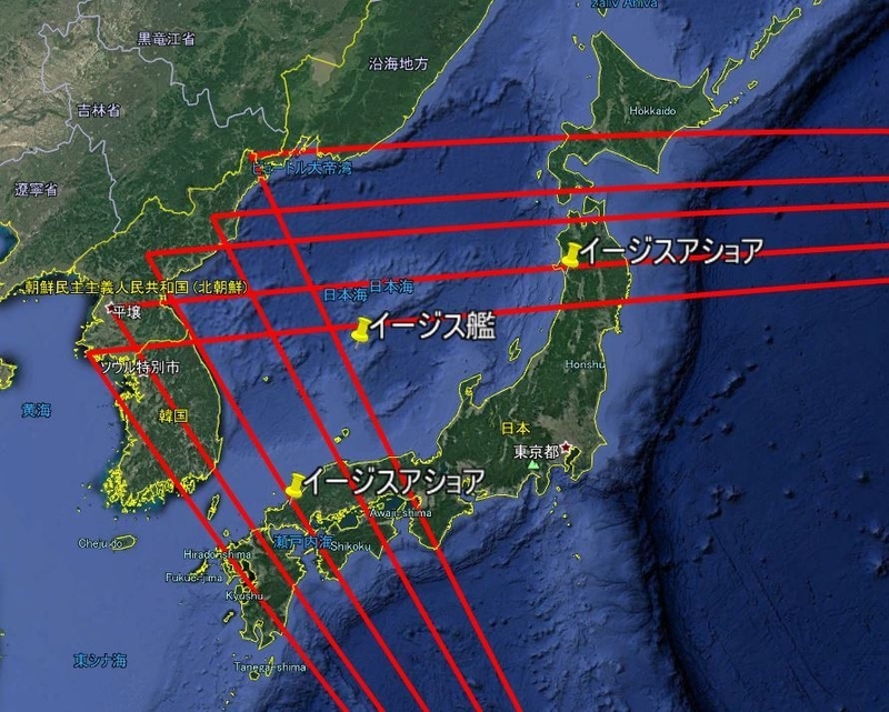 北朝鮮の5カ所からハワイ、グアムへの弾道ミサイル飛翔コース10射線。Google地図より筆者作成