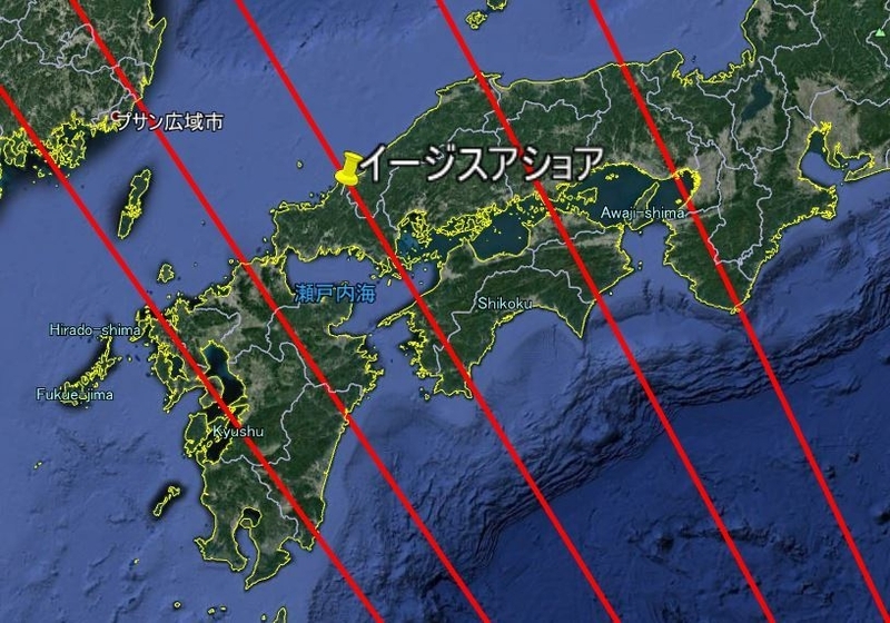 北朝鮮からグアムへの弾道ミサイル飛翔コース5射線。Google地図より筆者作成