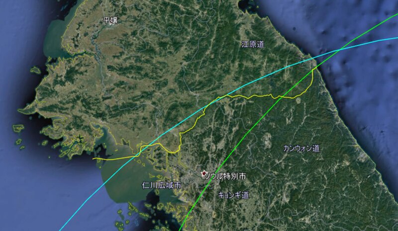 水色が福岡市から半径600km、緑色が広島市から半径600kmの円。Google地図より筆者作成