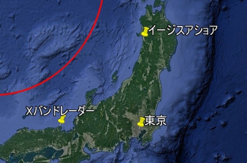北朝鮮から東京まで最短の位置から半径600kmの円。Google地図より筆者作成