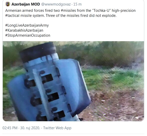 アゼル国防省がトーチカUの不発弾と称するスメルチの写真の投稿のスクリーンショット