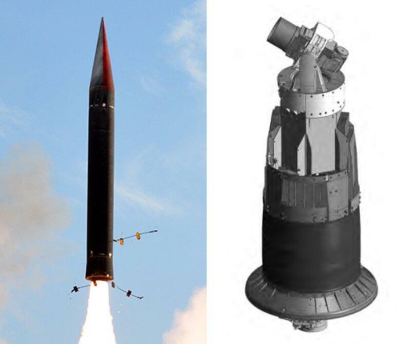 イスラエルIAI社の資料よりアロー3本体（左）、アロー3弾頭の大気圏外迎撃体（右）