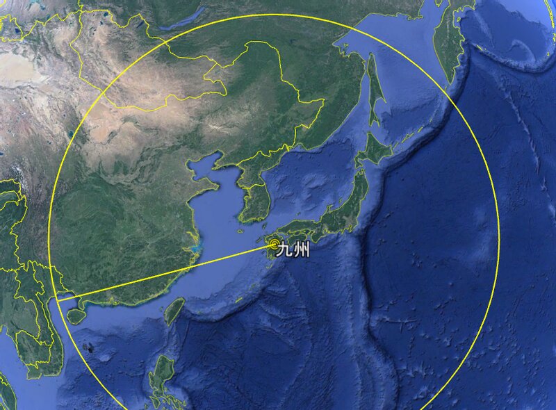 Google地図より筆者作成。九州の中央部から半径2775kmの円