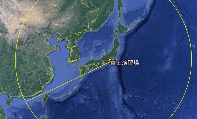 Google地図より筆者作成。富士演習場から半径2775kmの円