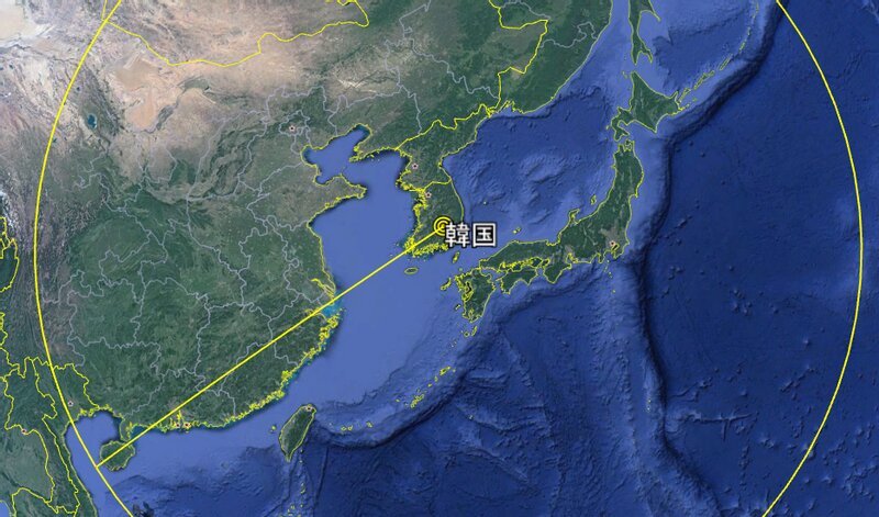 Google地図より筆者作成。韓国から半径2775kmの円