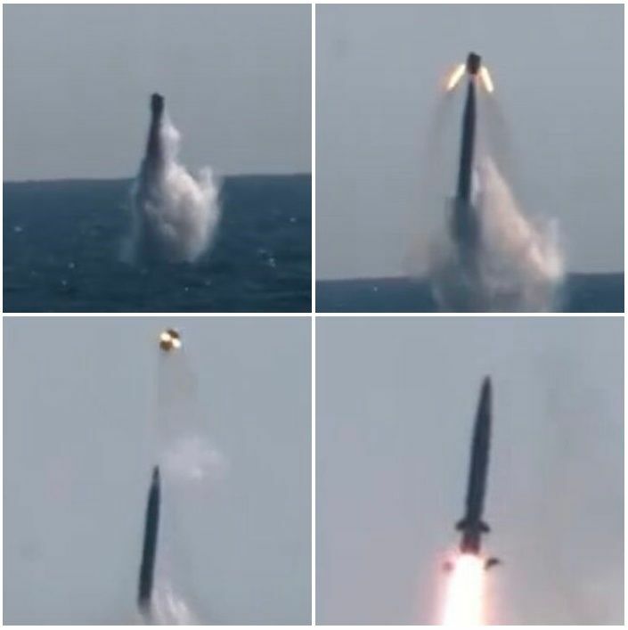 韓国国防部発表動画よりSLBM（海上に出て保護キャップとカバーを投棄した直後）