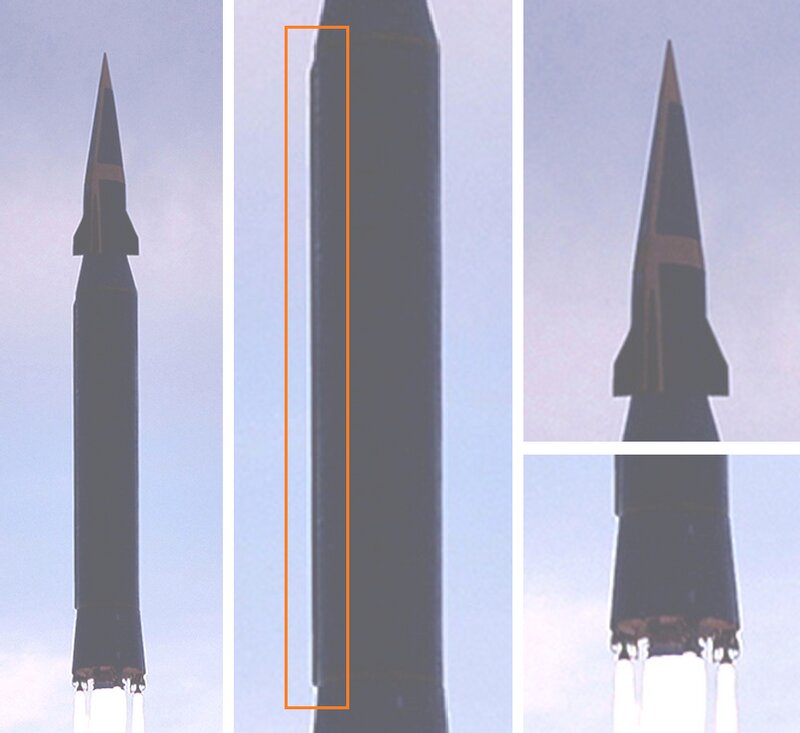 北朝鮮KCNA発表「火星8」。写真を分析の為に明度を上げて、橙色の枠は筆者が追記