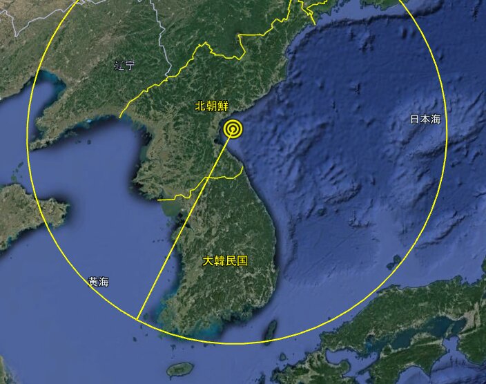 Google地図より筆者が作成、北朝鮮沿岸より600kmの円