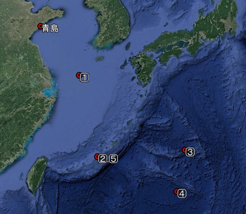 Google地図より筆者作成、中国空母「遼寧」の2021年12月15日～25日の行動