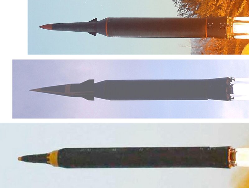 北朝鮮KCNA発表写真より「極超音速ミサイル」（上）、火星8（中）、火星12（下）