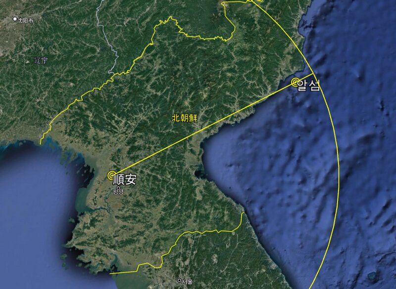 Google地図より筆者が作成、北朝鮮の平壌順安空港から半径400kmの円。
