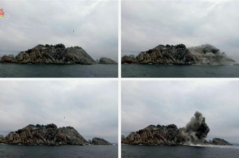 北朝鮮・朝鮮中央テレビより日本海沿岸の標的無人島に「戦術誘導弾」が着弾する様子