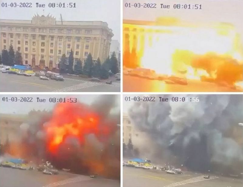 ウクライナ国家非常事態省の公開した動画よりハルキウ州庁舎への着弾シーン