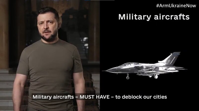 ウクライナのゼレンスキー大統領の英語演説の動画キャプチャー。戦闘機を要求