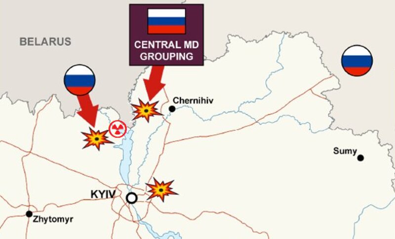 英国防省が2月24日に公開したウクライナ北部の戦況図にチェルノブイリの位置を追加