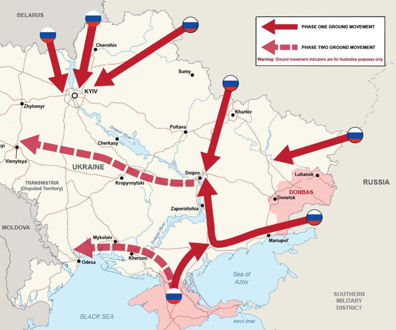 イギリス国防省が開戦一週間前に投稿したロシア軍侵攻ルートの予想図