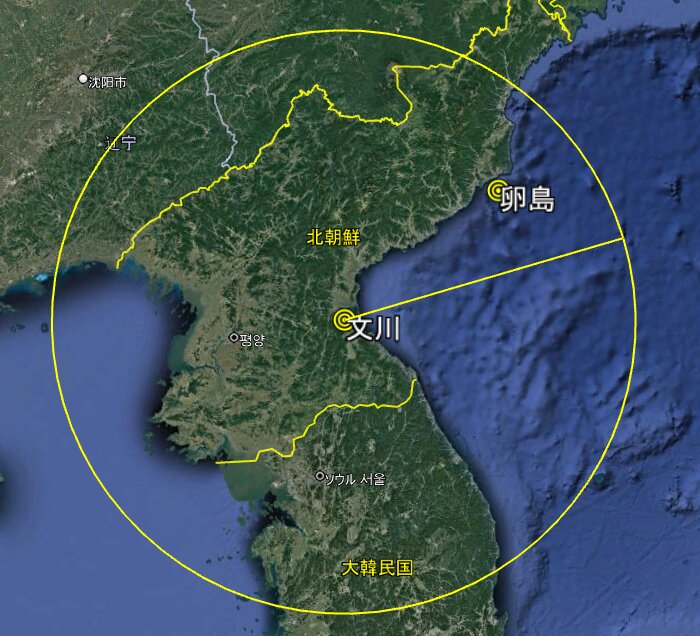 Google地図より筆者作成。北朝鮮の江原道・文川市より半径350km