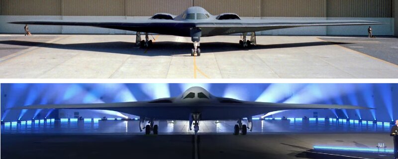 アメリカ空軍よりB-2爆撃機（上）とB-21爆撃機（下）の比較