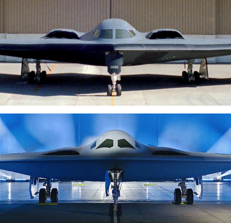 アメリカ空軍よりB-2爆撃機（上）とB-21爆撃機（下）の比較