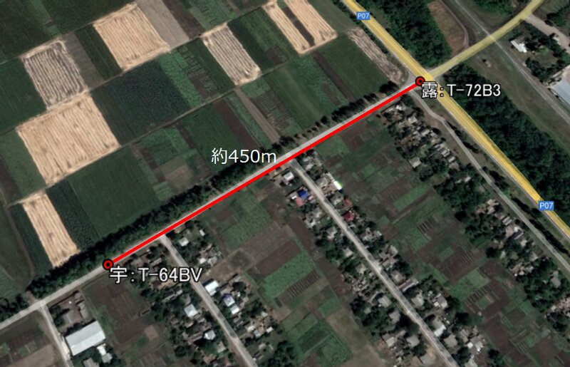 Google地図より筆者作成、ノヴォセリウスケでの戦車戦闘の位置関係