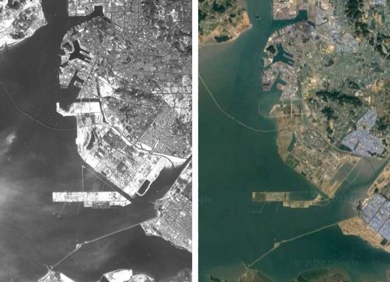 【比較】左：北朝鮮発表写真と右：Googleマップより韓国の仁川