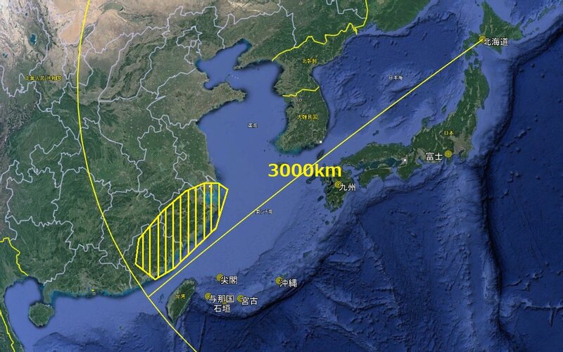 Google地図より筆者作成。北海道から半径3000kmの円と想定される攻撃目標