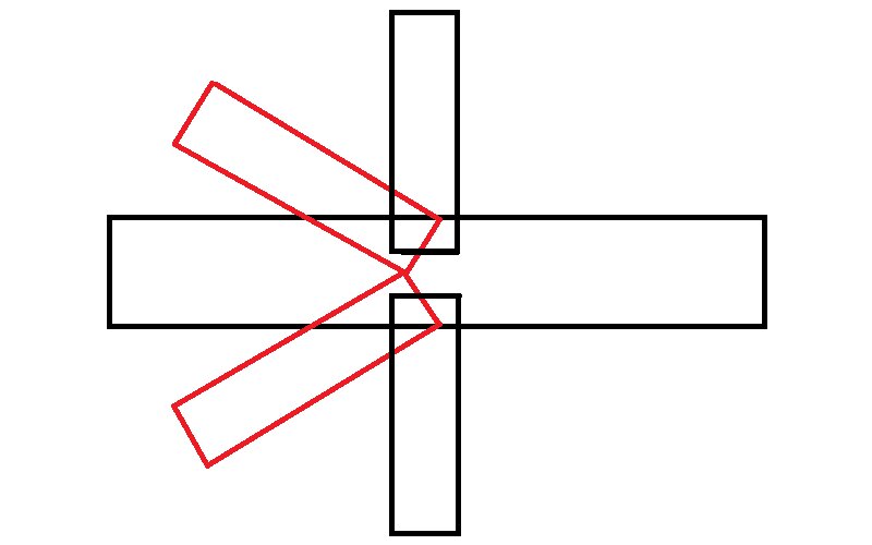 筆者の作図の展開式の折り畳み主翼の状態。赤線が現在位置、黒線が飛行状態の位置