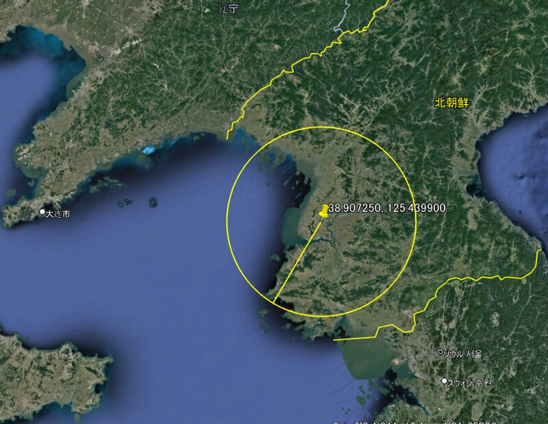 Google地図より「태성호 （台城湖）」から110kmの円