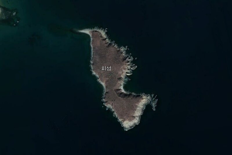 Google地図より咸鏡北道清津市青岩区域芳津洞の沖の無人島「ピ島」