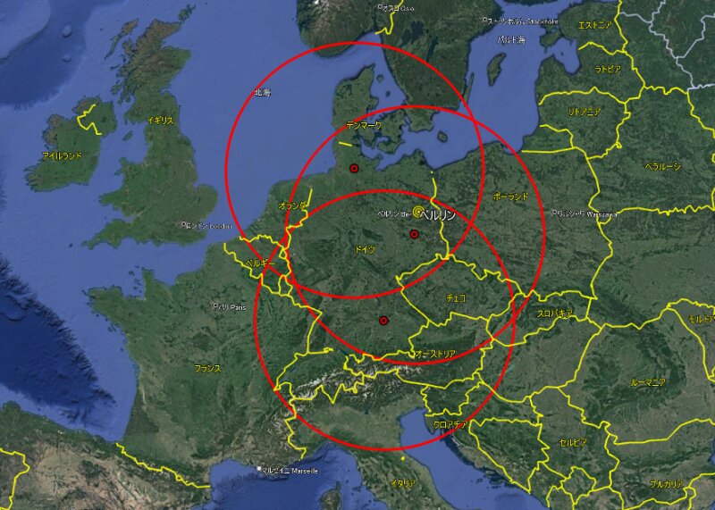 Google地図よりドイツ東部、北部、南部から半径500kmの円