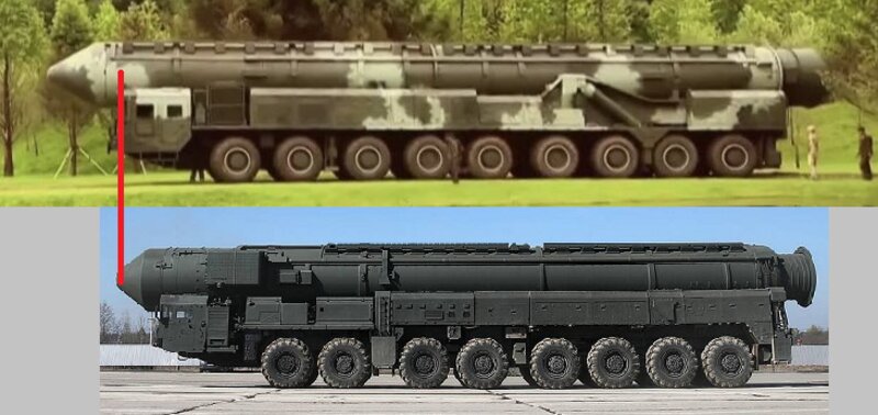 上：北朝鮮KCNAより「火星18」、下：ロシア国防省より「RS-24ヤルス」、比較用に写真は修正
