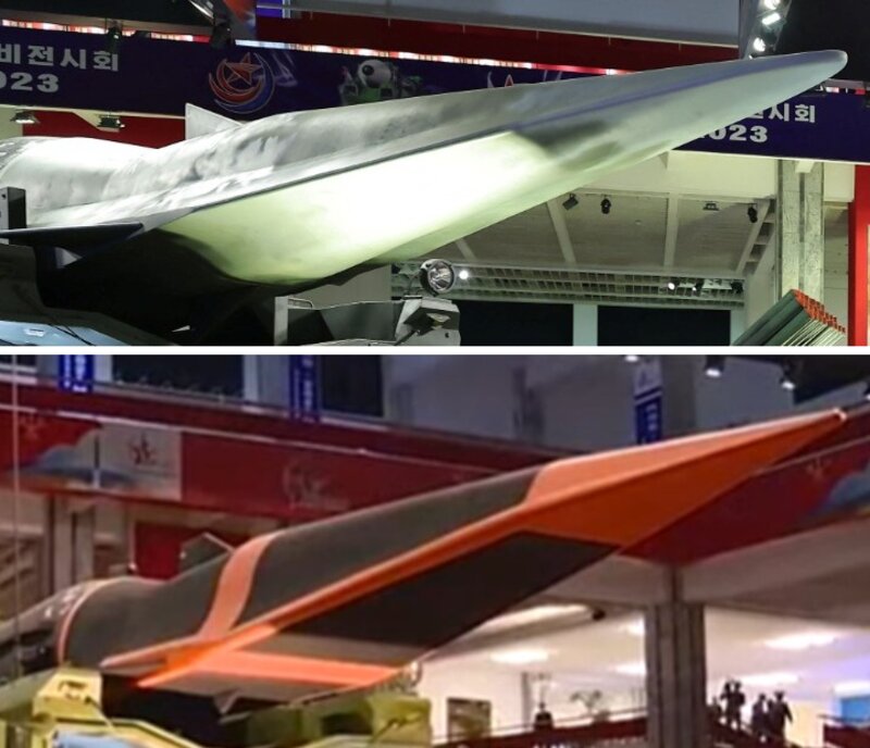 朝鮮中央通信より武装装備展示会2023での「火星12나」と自衛2021での「火星8」