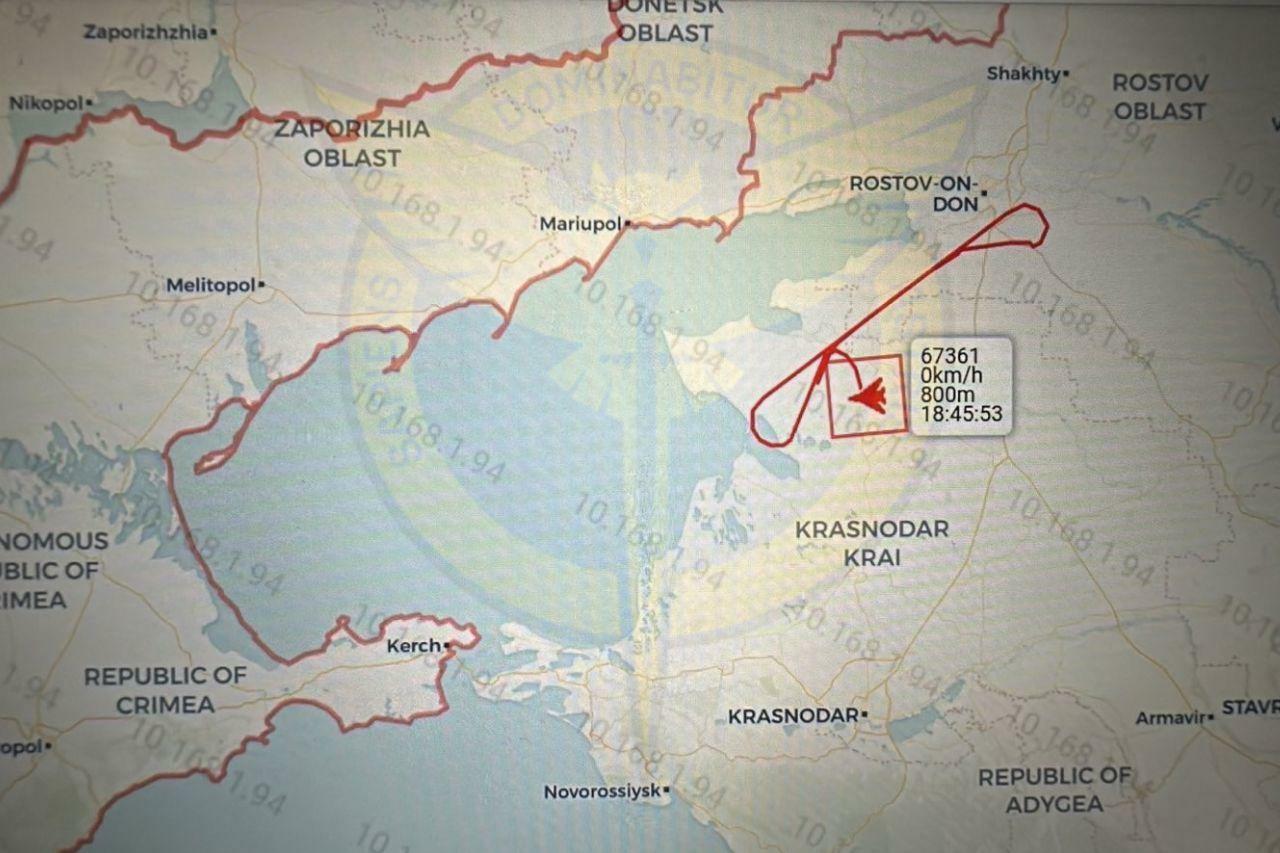 ウクライナ国防省情報総局（ГУР）の発表したA-50の航路－速度ゼロ。墜落地点