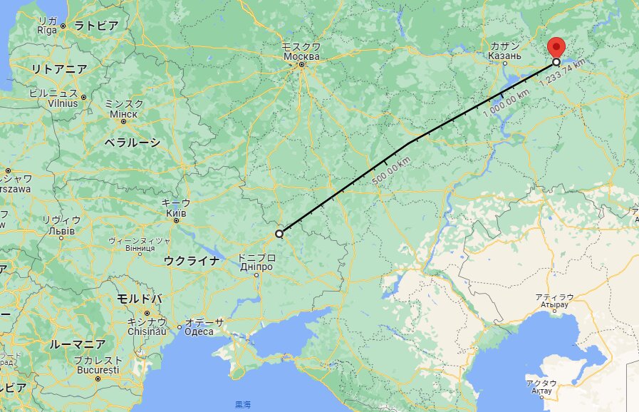 Google地図よりハルキウ周辺からタタールスタンのゲラン2生産工場まで約1200km