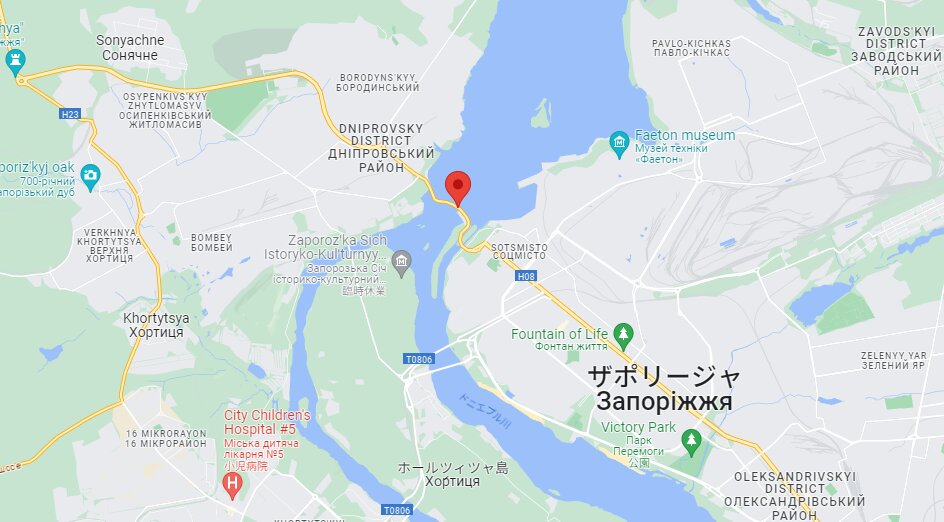 Google地図よりザポリージャ市のドニプロ水力発電所の位置