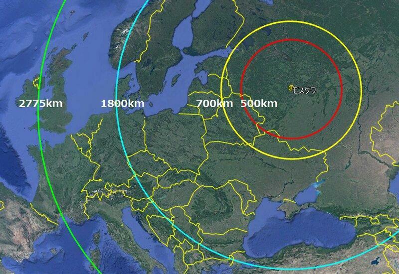 Google地図より筆者作成。LRHW（2775km）、トマホーク（1800km）、PrSM改（700km）、PrSM（500km）