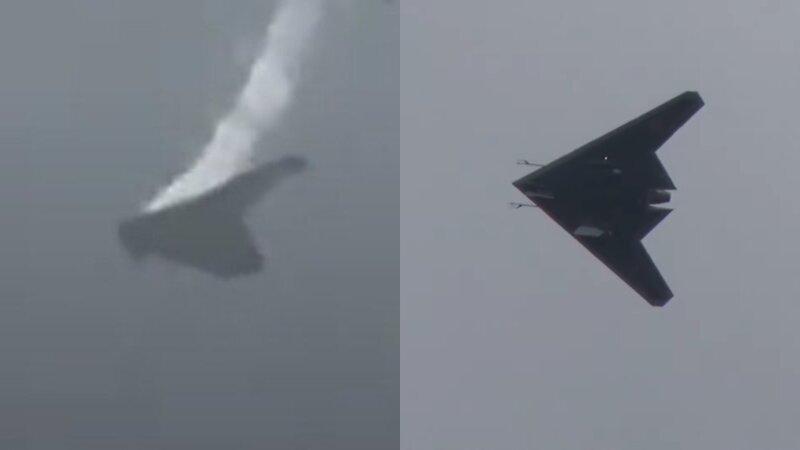 ウクライナの戦場で味方戦闘機に撃墜処分されるロシア軍ステルス無人攻撃機S-70オホートニク。左写真は戦場でウクライナ軍の兵士が撮影した映像（片翼が捥げている）、右は戦前にロシア国防省が公開した試験機