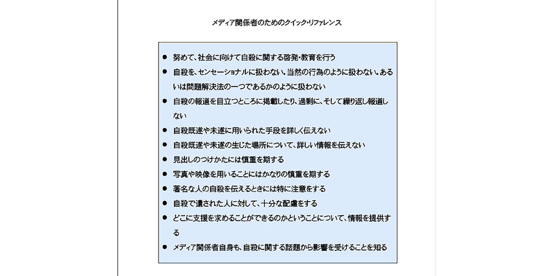 WHO「自殺予防 メディア関係者のための手引き2008年改訂版日本語版」（訳・河西千秋）より