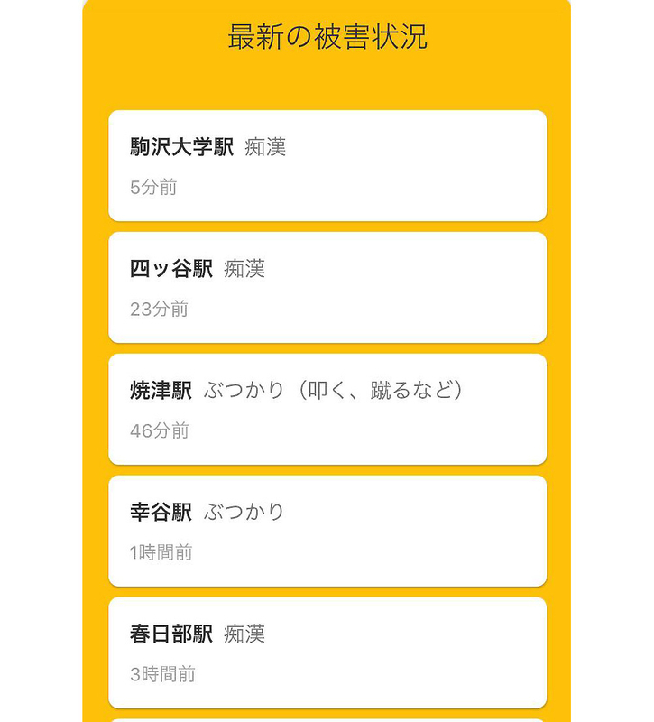 痴漢レーダーは場所ごとの被害状況を確認できる。