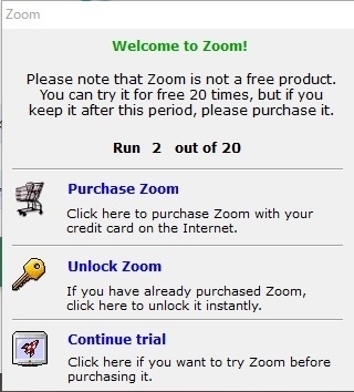 「怪しいZoom」と評されたZoomをインストールするとPCを起動するたびにこのようなポップアップが表示される。実際はデモで利用可能な回数が表示され購入用のメニューが表示されているだけ。