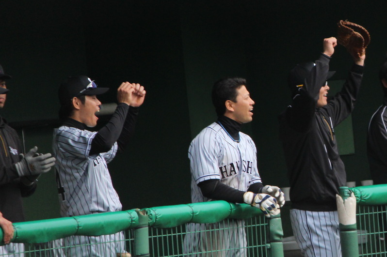 小豆畑選手の打球が左中間に落ち、ガッツポーズの阪神ベンチ
