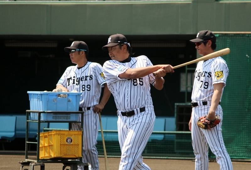 鳴尾浜の残留練習でノックを打つ福原コーチ(中)。左は藤井コーチ、右は浜中コーチ。