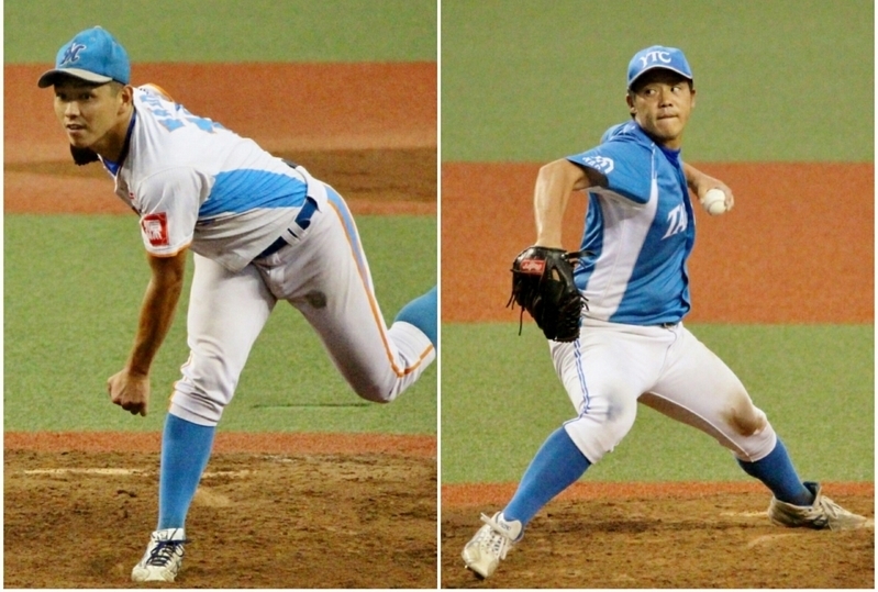 左は箕島の先発・和田投手、右は高田の米倉投手。