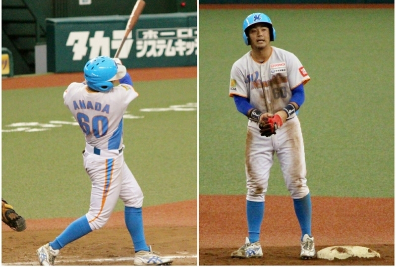 9回裏2死から穴田選手が中前打(左)、暴投で二塁へヘッドスライディング(右)。